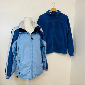 Columbia 3 in 1 Jacket Woman Medium Blue Fleece‎ Hood Pockets Travel Interchange
